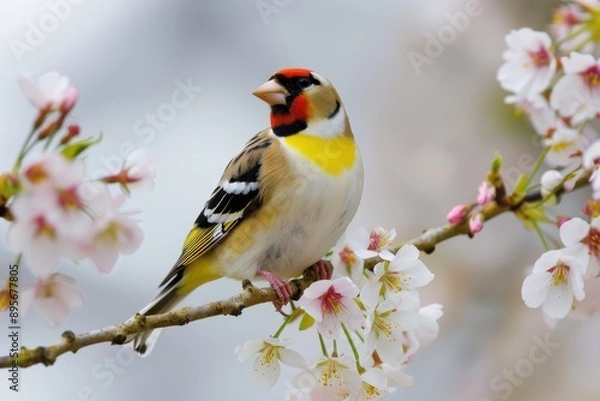 Fototapeta A charming image of a European goldfinch perched on a blooming cherry tree branch.