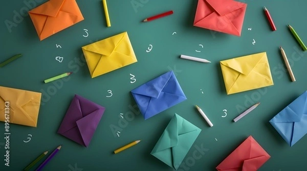 Fototapeta Colorful Envelopes on Green Chalkboard with Chalk Numbers