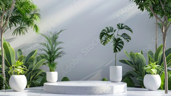 Fototapeta 3D product display podium with a tropical garden background featuring green leaves and white standing trees