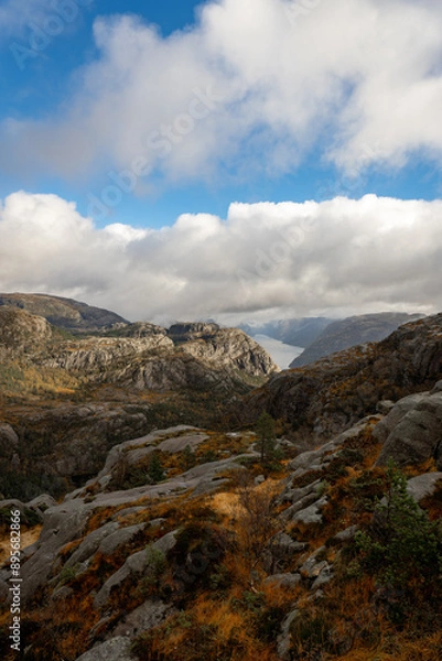 Obraz A breathtaking aerial view of a Norwegian fjord, Kjerag, Lysebotn, Lysefjorden, Norway