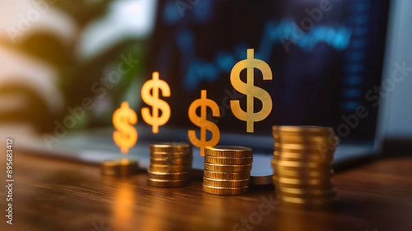 Obraz Investment and asset management concept: earning money online, finance, and fundraising with dollar icons