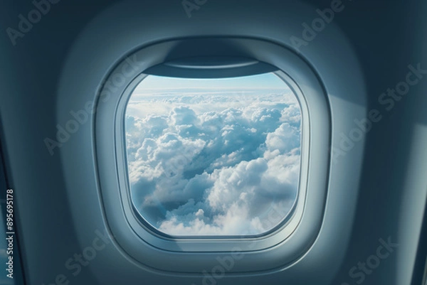 Fototapeta Airplane window is showing a beautiful cloudscape during a flight over the earth