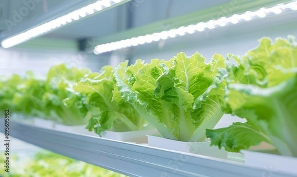 Fototapeta LED lights and growing lettuce plants inside an indoor farm, Generative AI