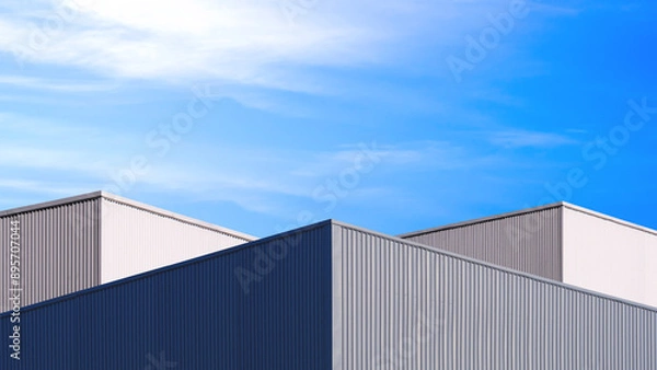 Fototapeta Geometric 3 gray and white aluminium industrial factory buildings with sunlight and shadow on surface against blue sky background, low angle view