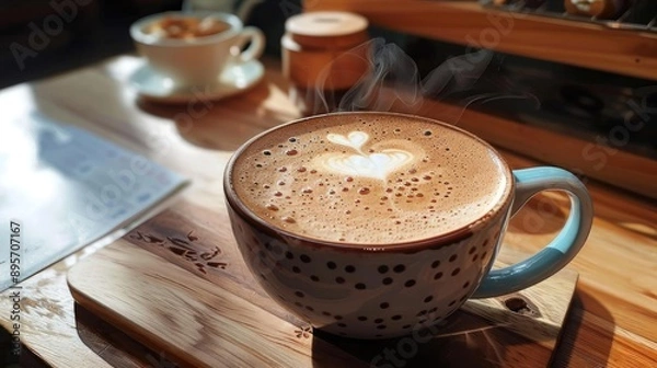 Fototapeta Warm cup of frothy cappuccino in a cozy cafe setting with sunlight streaming in, perfect for a morning pick-me-up.