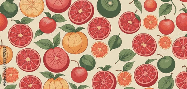 Fototapeta Illustrative and colorful representation of different fruits and leaves side by side