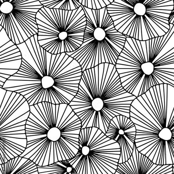 Fototapeta Seamless pattern with black and white abstract flowers. Hand drawn illustration.