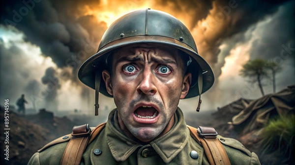Fototapeta Portrait of a frightened soldier on a World War I battlefield