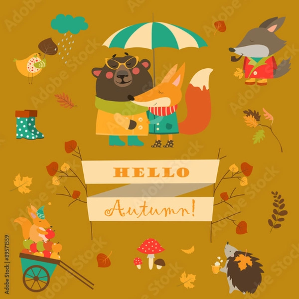 Fototapeta Set of cartoon characters and autumn elements