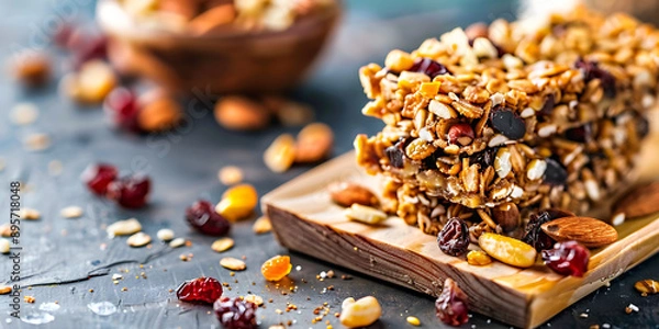 Fototapeta Close-Up of Freshly Made Granola Bar with Nuts and Dried Fruits Set Against Abstract Earthy Background 