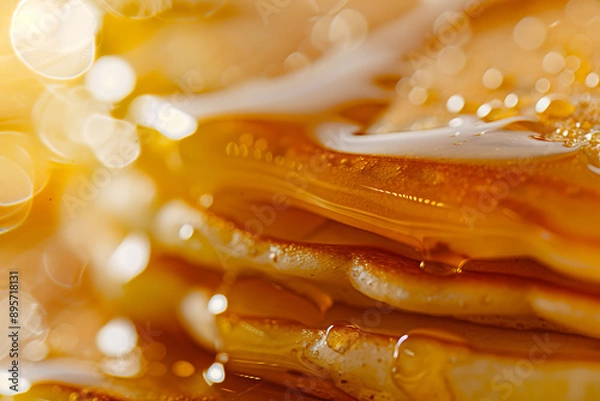 Fototapeta Close-Up of Classic Breakfast Pancake Stack with Maple Syrup Framed by Artistic Abstract Background 