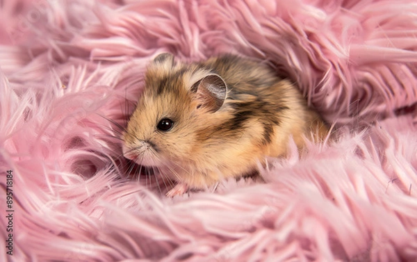 Fototapeta Close-Up of Baby Hamster with Soft Fur Set Against Abstract Whimsical Background 