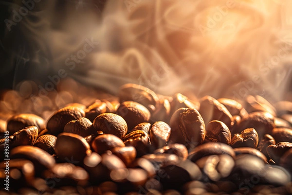 Fototapeta Close-Up of Freshly Roasted Coffee Beans with Artistic Light Highlights Set Against Abstract Coffeehouse Background 