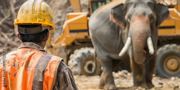 Fototapeta Construction Worker Elephant in Hard Hat and Vest Operating Machinery on Site 