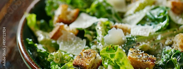 Fototapeta Close-Up of a Classic Caesar Salad with Crisp Romaine and Parmesan Natural Light 
