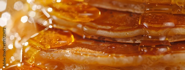 Fototapeta Close-Up of Classic Breakfast Pancake Stack with Maple Syrup Framed by Artistic Abstract Background 