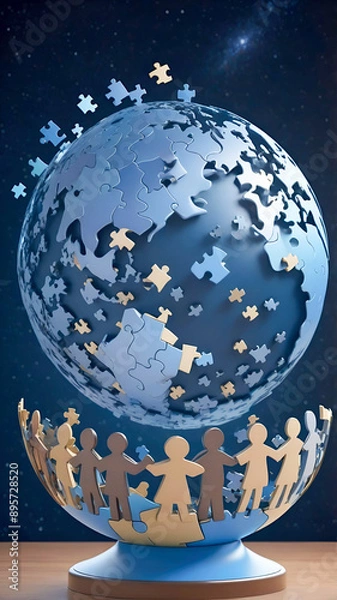 Fototapeta Globe made up of puzzle pieces, with small human figures holding the pieces together, symbolizing unity and global support. Crowdfunding concept