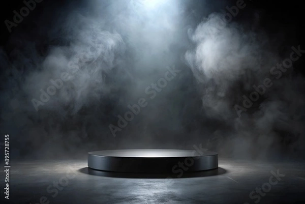 Fototapeta Podium black dark smoke background product platform abstract stage texture fog spotlight. Dark black floor podium dramatic empty night room table concrete wall scene place display studio smoky dust