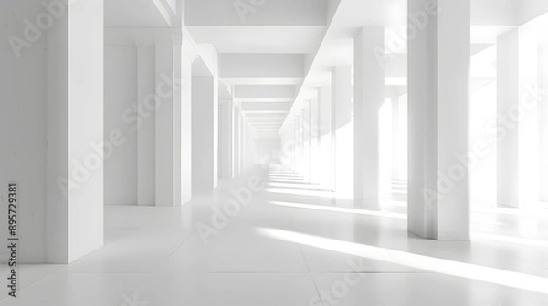 Obraz An endless white hallway featuring sleek columns, clean lines, and abundant natural light streaming through large windows, creating a bright, minimalist, and modern architectural marvel.
