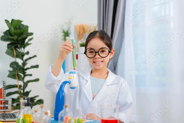 Obraz young Asia girl Scientist Conducting Experiment With Microscope In Laboratory