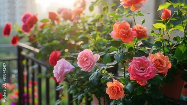 Fototapeta Roses of various colors, basking in the soft glow of evening light, nestled on a balcony railing, exuding a sense of tranquility and evening serenity in an urban setting.