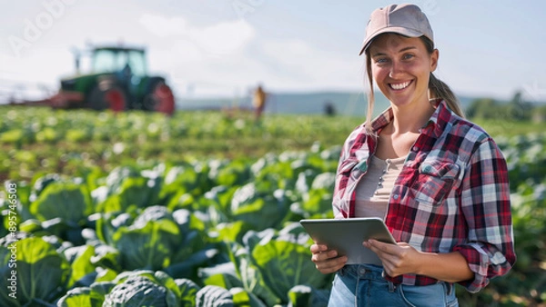 Obraz Smiling female farmer in a plaid shirt and cap, holding a tablet in a lush green field, with a tractor in the background, showcasing modern agriculture technology.