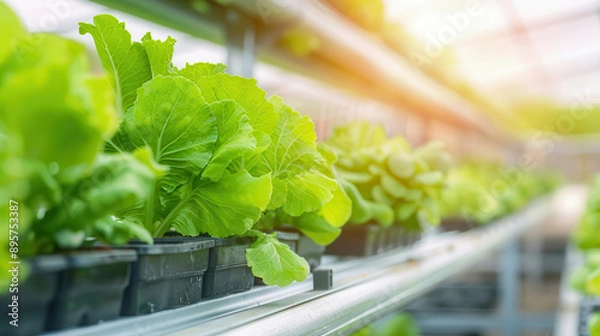 Fototapeta Hydroponic setup growing fresh vegetables, agriculture tech, soilless farming techniques