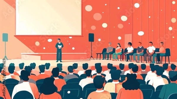 Fototapeta Illustration of a speaker presenting at a conference with an audience and panelists on stage, colorful backdrop.