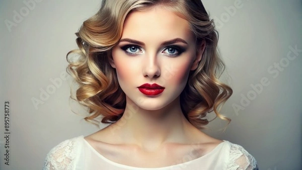 Fototapeta Flawless porcelain doll-like complexion and subtle makeup hues on a soft focus, elegant, high-contrast white background portrait setting.