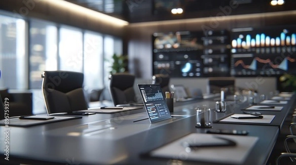 Obraz Modern office meeting room with a long table, laptops, and various charts displayed on screens in the background.