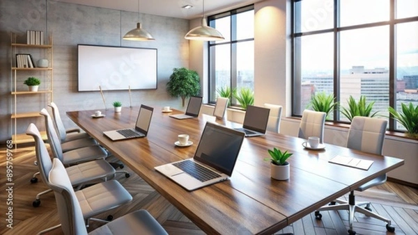 Fototapeta A modern, sleek, and minimalist conference room table setup with laptops, notes, and a whiteboard, conveying unity and collaboration.