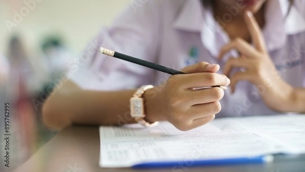 Fototapeta Assessment examination of high school students dressed in uniform.The students were doing the exams inside the classroom with stress.