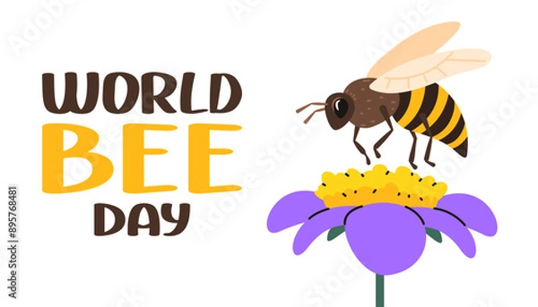 Obraz World bee day background. Honey bee collect pollen from flower. Honeybee day banner. Vector flat illustration.