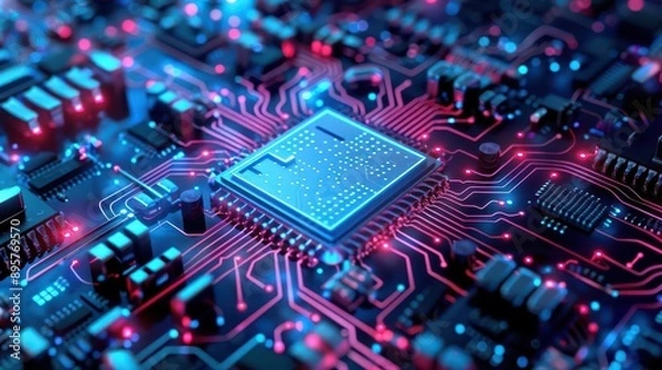 Fototapeta Close-up of a modern microprocessor on a circuit board with vibrant lights, showcasing advanced technology and innovation.