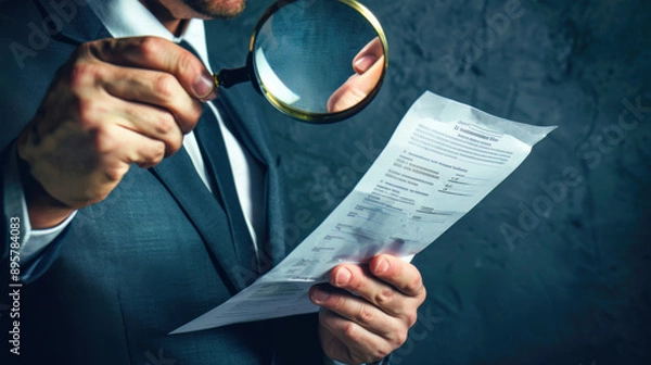 Fototapeta Businessman examining quality assurance certification with a magnifying glass, emphasizing standard quality control