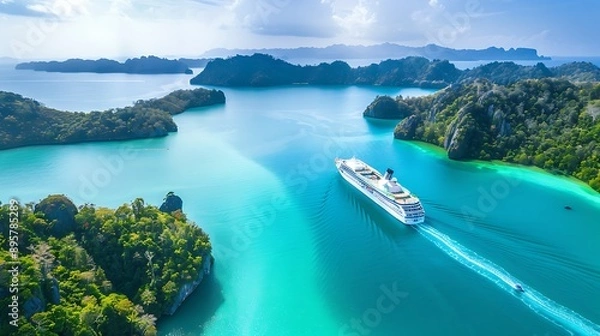 Fototapeta Cruise Ship Navigating Through a Tropical Archipelago