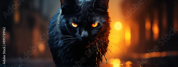 Fototapeta Determined Black Cat with Fiery Eyes Walking Down Wet Street at Night