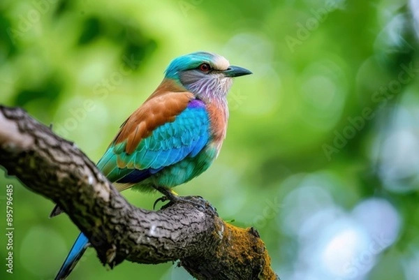 Fototapeta A colorful male European roller perched on a tree branch, showing off its vibrant blue and green plumage.