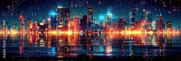 Fototapeta A colorful cityscape with glowing lights reflecting on the water