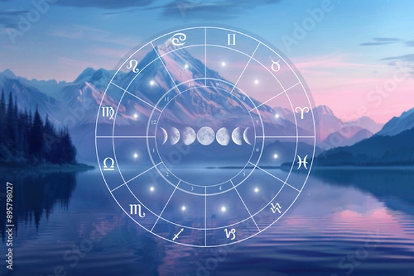 Obraz astrology and zodiac signs on the background of the landscape, horoscope calm and tranquility