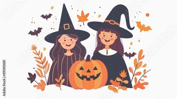 Obraz Halloween Preparation Smiling Couple in Witch Hats with Jack o Lantern Magic Pumpkin and Halloween Shopping
