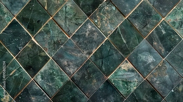 Fototapeta Abstract dark green colored 3d vintage worn shabby lozenge diamond rue motif tiles stone concrete cement marbled stone wall texture wallpaper background banner panorama