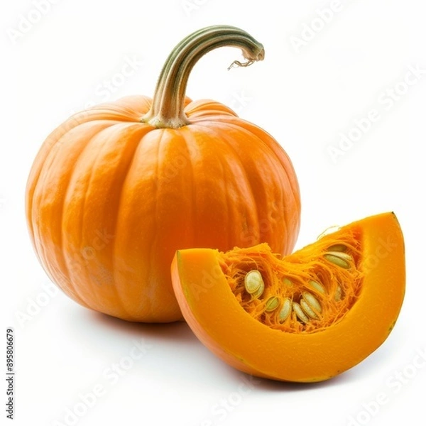 Fototapeta Whole orange pumpkin and slice of pumpkin isolated on white background. Clipping Path. Full Depth of field. Focus stacking