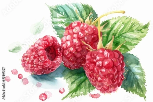 Obraz watercolor raspberry beautiful fruit with leaves,white background