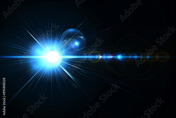 Fototapeta Blue lens flare effect, light overlay on black background