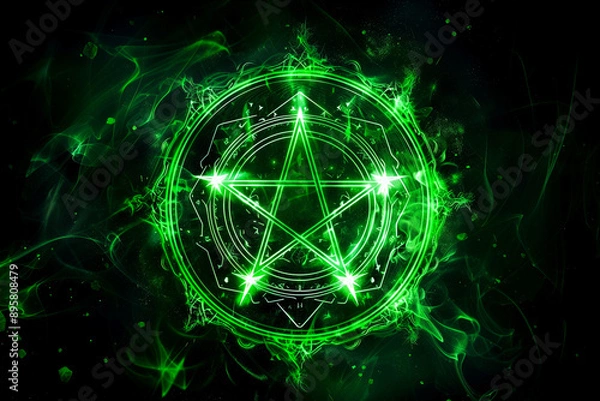 Obraz Green glowing pentagram sigil, magic spell overlay on black background