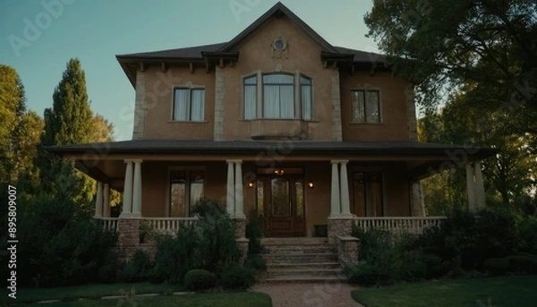 Fototapeta A grand two-story house with a charming porch, glowing warmly from inside, nestled among trees and bathed in the soft light of a setting sun