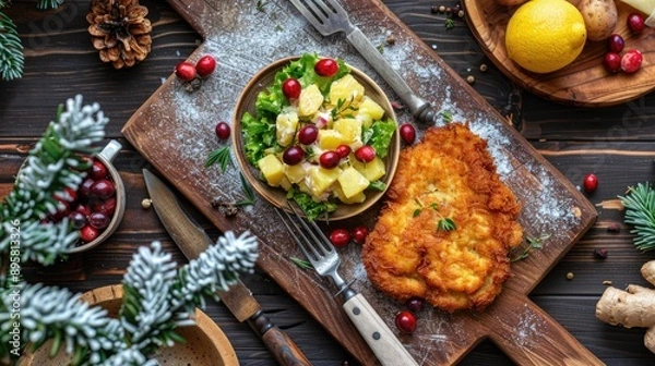 Fototapeta Top view of classic deep fried schnitzel with potato salad and cranberries on a rustic wooden board in a mountain chalet
