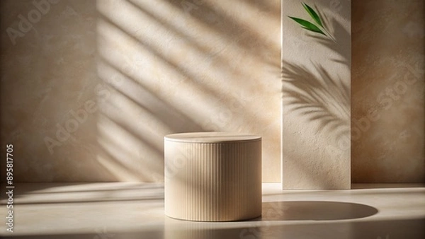 Fototapeta Elegant beige pedestal display stand with natural texture and subtle shadow, evoking luxury and modern minimalism in a serene atmosphere.