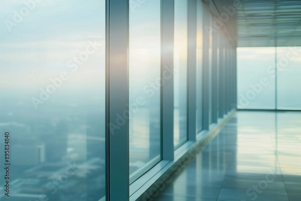 Fototapeta An office corridor with large windows offering a view of a cityscape, bathed in soft sunlight. Blurred background